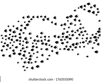 Black school of fish swimming vector illustration. Ocean or sea background. Shoal of fishes isolated on white. Marine summer design.