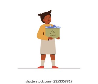 Black school girl sorting plastic garbage. Female Child holds box with plastic bottles for utilization and recycling. Separation trash concept. Sustainable lifestyle and eco friendly habits. Vector