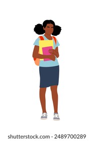 Black School girl standing, holding books. African american kid wearing backpack and colorful casual clothes. Back to school concept. Vector illustration isolated on white background.