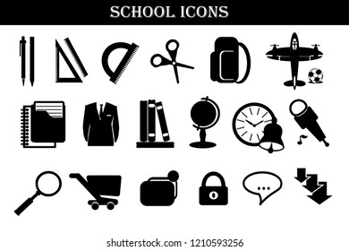 Black school icons. Back to school. Logos or emblems. Flat design. Vector. 
Illustration can be used in the internet shop. Retro style. Stationery icons.