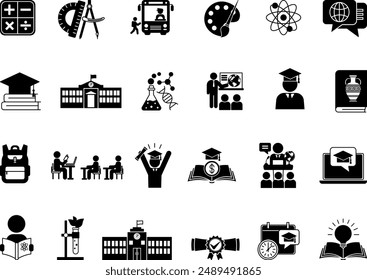 Black School Icons Set. Vector Icons of Education, Science, Biology, Physics, History, Geometry, Math, Tuition, Diploma, Graduation, Student and Others