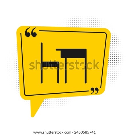 Black School table and chair of classroom icon isolated on white background. School desk. Yellow speech bubble symbol. Vector Illustration