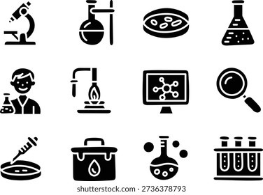 Black science laboratory icons set with microscope, flask, petri dish, test tubes, burner, molecule screen, magnifier, scientist, chemistry equipment for research education technology concepts