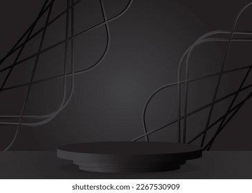 Black Sci-fi Mockup product display. Futuristic Gray vector 3D room, minimal cylinder pedestal podium. Stage showcase for presentation. Geometric forms, empty scene.