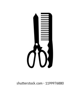 black scissor and comb bursh icons for hairstyle, hair cutting, also tailor and barbershop background