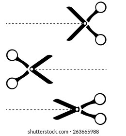 black scissors and cut lines set on white background