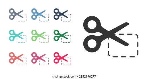 Las tijeras negras recortan el icono de cupón de descuento aislado en fondo blanco. El concepto de vender en un supermercado en línea a precios bajos o a la mitad del costo. Indique los iconos en colores. Vector
