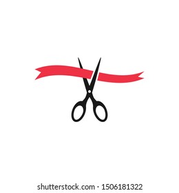 Black scissors cutting red ribbon, inauguration event vector icon. Grand opening concept simple glyph symbol.