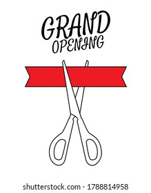 Black scissors cutting the red ribbon. Mockup for announcement. Icon isolated on white background. Vector illustration EPS10