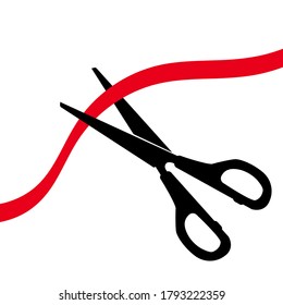 Black scissors cutting the red ribbon. Icon isolated on white background. Vector illustration EPS10