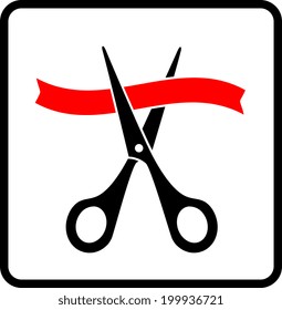 black scissors cutting red ribbon on white background in frame