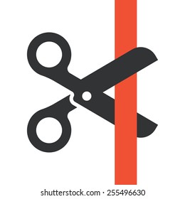 Black scissors cutting red ribbon. Vector illustration