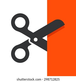Black scissors cutting red ribbon. Vector illustration