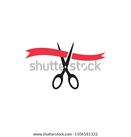 Black scissors cutting red ribbon, inauguration event vector icon. Grand opening concept simple glyph symbol.