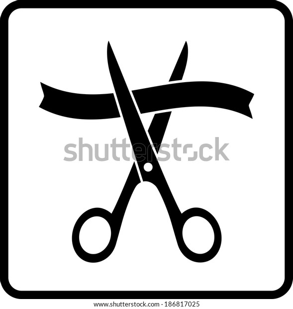 black scissors cutting ribbon in frame on\
white background