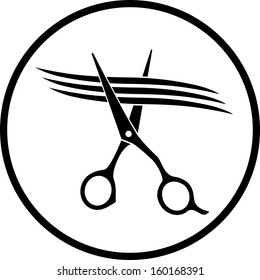 black scissors cutting strand of hair in round frame