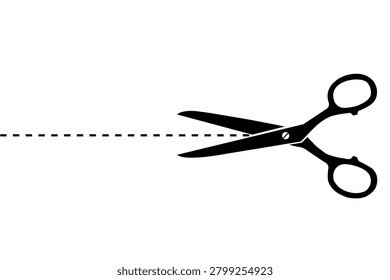 Black scissors cutting through a dotted line on a white background cut snip tool office