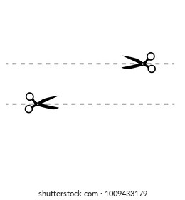 Black scissors and dotted cut lines. Isolated on white background. Icon. Vector illustration