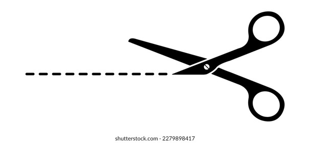 Black scissors with dotted line. Flat vector illustration