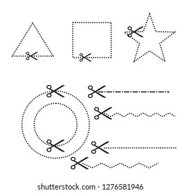 black scissors and dotted lines sewing pattern cut icon sign symbol vector design element monochrome black isolated on white