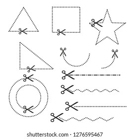 black scissors and dotted lines sewing pattern cut icon sign symbol vector design element monochrome black isolated on white