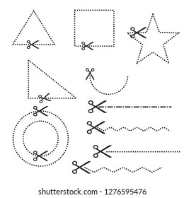 black scissors and dotted lines sewing pattern cut icon sign symbol vector design element monochrome black isolated on white