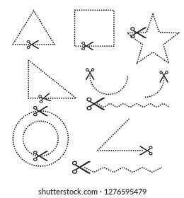 black scissors and dotted lines sewing pattern cut icon sign symbol vector design element monochrome black isolated on white