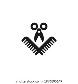 Black scissors and hair comb.  Barber tools. Barbershop logo. Beauty saloon. Vector illustration isolated on white. Grooming sign