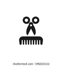 Black scissors and hair comb.  Barber tools. Barbershop logo. Beauty saloon. Vector illustration isolated on white. Grooming sign