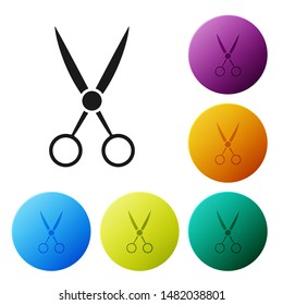 Black Scissors hairdresser icon isolated on white background. Hairdresser, fashion salon and barber sign. Barbershop symbol. Set icons colorful circle buttons. Vector Illustration