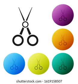 Black Scissors hairdresser icon isolated on white background. Hairdresser, fashion salon and barber sign. Barbershop symbol. Set icons colorful circle buttons. Vector Illustration