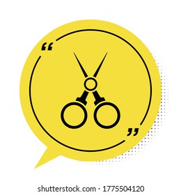 Black Scissors hairdresser icon isolated on white background. Hairdresser, fashion salon and barber sign. Barbershop symbol. Yellow speech bubble symbol. Vector Illustration