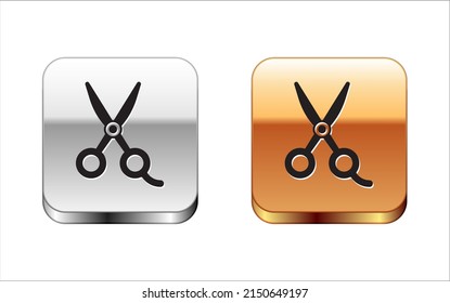 Black Scissors hairdresser icon isolated on white background. Hairdresser, fashion salon and barber sign. Barbershop symbol. Silver and gold square buttons. Vector