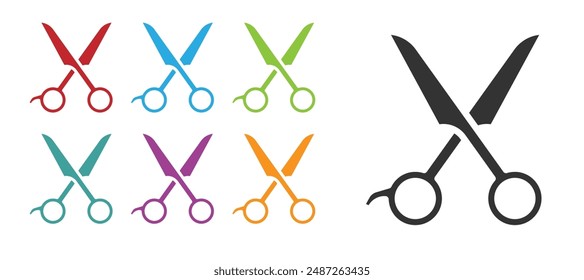 Icono de peluquero de tijeras negras aislado sobre fondo blanco. Peluquería, salón de moda y peluquería. Símbolo de barbería. Establecer iconos coloridos. Vector