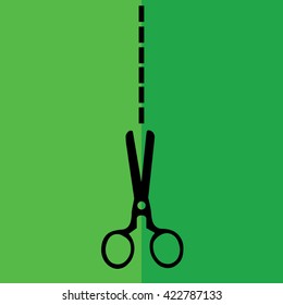 Black scissors icon cut vector. Green background