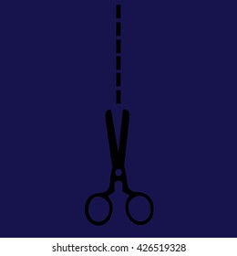 Black scissors icon cut vector. Blue background