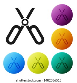 Black Scissors icon isolated on white background. Tailor symbol. Cutting tool sign. Set icons colorful circle buttons. Vector Illustration