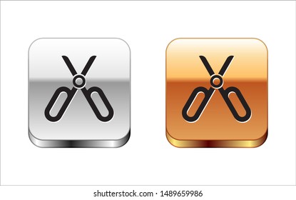 Black Scissors icon isolated on white background. Tailor symbol. Cutting tool sign. Silver-gold square button. Vector Illustration