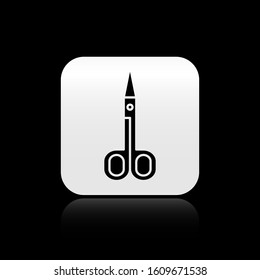 Black Scissors icon isolated on black background. Cutting tool sign. Silver square button. Vector Illustration