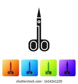 Black Scissors icon isolated on white background. Cutting tool sign. Set icons in color square buttons. Vector Illustration