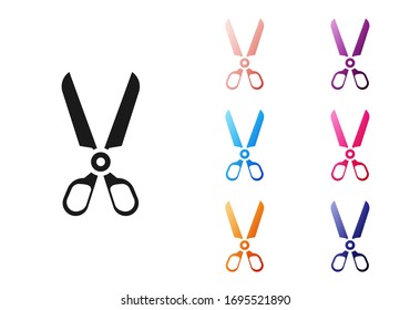 Schwarze Scheren Symbol einzeln auf weißem Hintergrund. Vorzeichen des Schneidwerkzeugs. Symbole bunt festlegen. Vektorillustration-Illustration