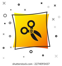 Black Scissors icon isolated on white background. Cutting tool sign. Yellow square button. Vector