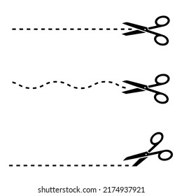 black scissors icon set with cut line on white background,scissors silhouette