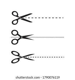 Black Scissors icons with cut lines isolated on white background. vector illustration