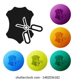 Black Scissors and leather icon isolated on white background. Tailor symbol. Cutting tool sign. Set icons colorful circle buttons. Vector Illustration