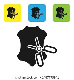 Black Scissors and leather icon isolated on white background. Tailor symbol. Cutting tool sign. Set icons colorful square buttons. Vector Illustration