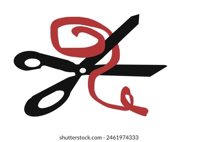 Black scissors with red ribbon on white background isolated