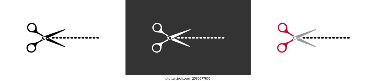 Black scissors symbol. Simple scissors cut dashed line icon in vector design