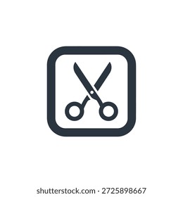 Schwarzes Scheren-Symbol im quadratischen Rahmen. Professionelle Haarschnitt Tool Grafik. Isoliertes Vektorelement für mobile Apps.