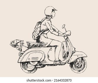 black scooter art sketch. vintage transport t-shirt design. scooter illustration painting.